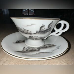 IAAC Robert Mayokok Cup and Saucer 1960 Alaska Eskimo Sled Dogs Porcelain Signed